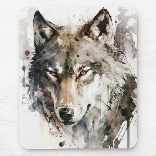 Tapis De Souris Wolf Portrait Animal Peinture Forêt faunique (Devant)