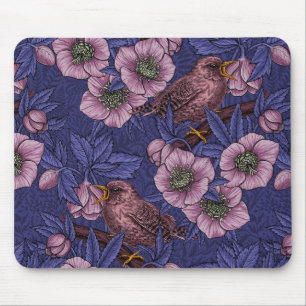 Tapis De Souris Wren et hellebore, violet et rose