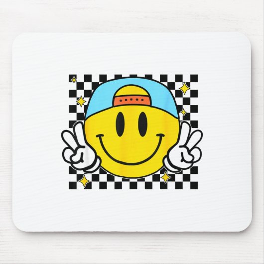 Tapis De Souris Yellow Smile Face Cute Checkered Peace Smiling Hap (Devant)