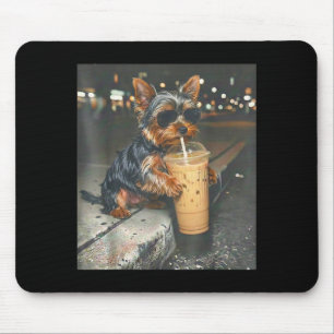 Tapis De Souris Yorkie buvant du café glacé mème animal drôle chie