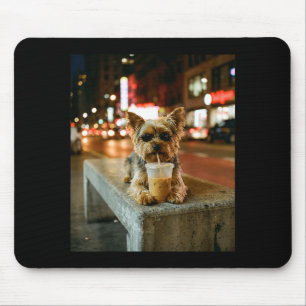 Tapis De Souris Yorkie buvant un café glacé mème animal drôle homm