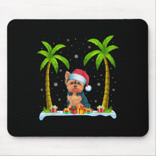Tapis De Souris Yorkie Chien Santa Hat Palm Tree Beach Jeu de Noël