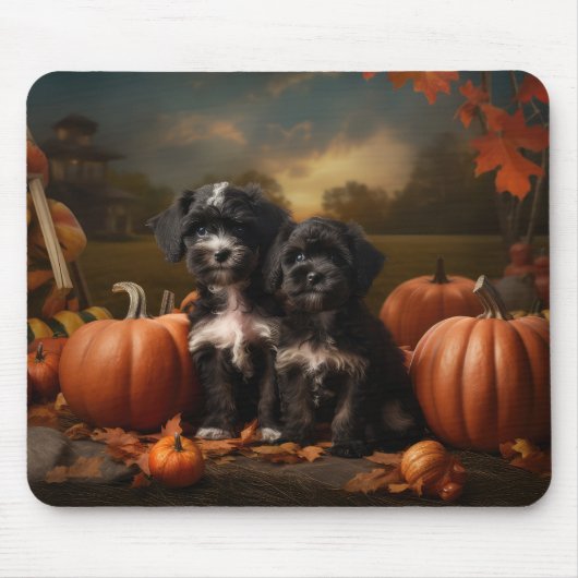 Tapis De Souris Yorkipoo Chiot Automne Citrouille délice (Devant)
