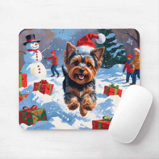 Tapis De Souris Yorkshire Terrier en neige avec Casquette de Noël (Avec souris)