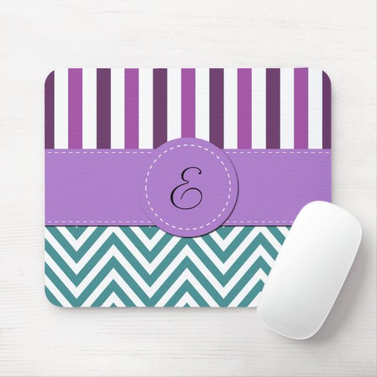 Tapis De Souris Zigzag Bleu, Chevron, Graines Violettes, Monogramm (Avec souris)