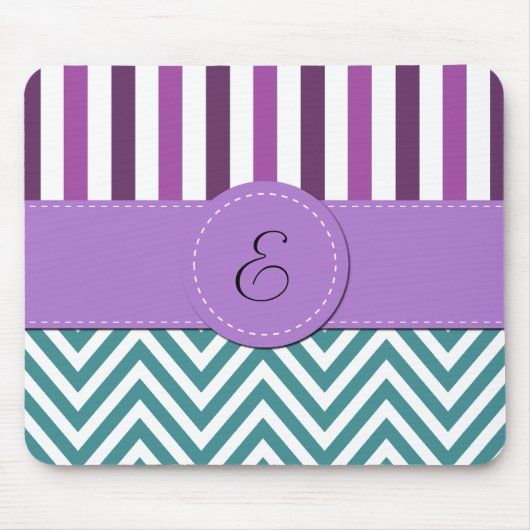 Tapis De Souris Zigzag Bleu, Chevron, Graines Violettes, Monogramm (Devant)