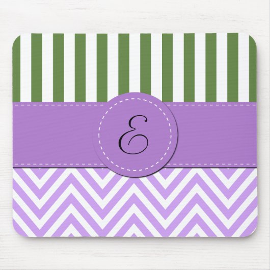 Tapis De Souris Zigzag violet, Chevron, Grilles vertes, Monogramme (Devant)
