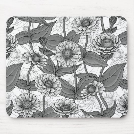 Tapis De Souris Zinnias, monochrome sur blanc (Devant)