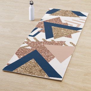 Tapis De Yoga 80s Abstrait tendance Marine et Rose Motif d'or