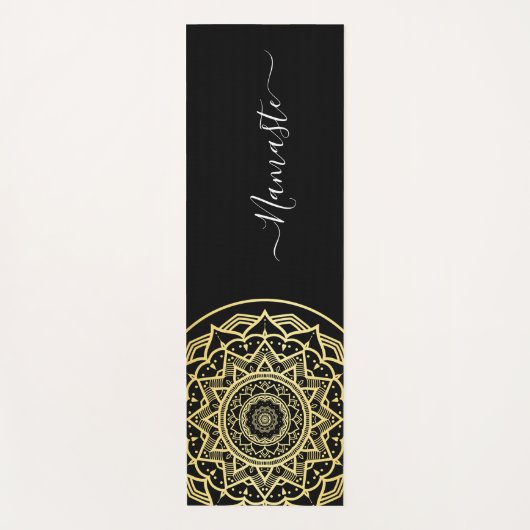 Tapis de Yoga à Script Namaste Noir Mandala Doré (Devant)