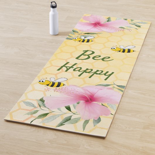 Tapis De Yoga Abeilles jaune nid d'abeille rose fleurons mignons (En situation)