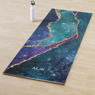 Tapis De Yoga Agate Bleu Violet Aqua Or Veines Monogramme