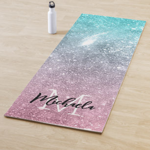 Tapis De Yoga Aqua blue Pink ombre mer galaxie abstraite Monogra