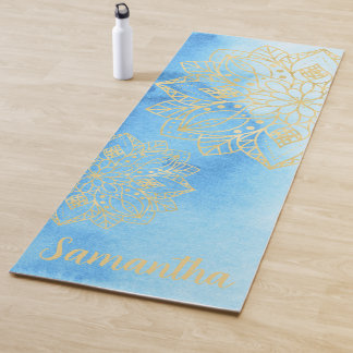 Tapis De Yoga Aqua Tie Dye et Gold Mandala Flowers Nom personnal