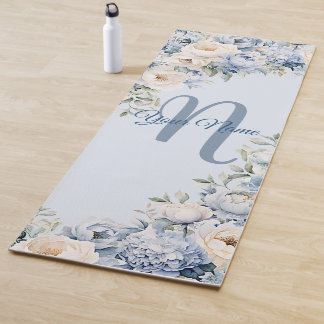Tapis De Yoga Aquarelle bleu Dusty Fleurs d'ivoire Feuille Rusti