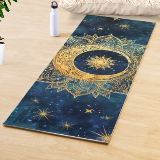 Tapis De Yoga Aquarelle bleu et or Mandala Sun Nebula Galaxy