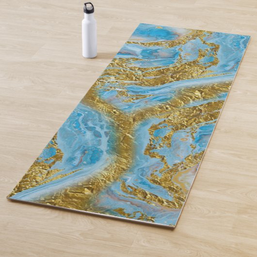 Tapis De Yoga Aquarelle bleue Marbre et or Foil (En situation)
