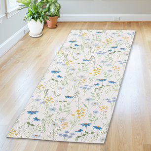 Tapis De Yoga Aquarelle Fleur Sauvage Bleu Jaune