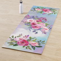 Aquarelle Fleurs Bleu Rose Yoga Mat