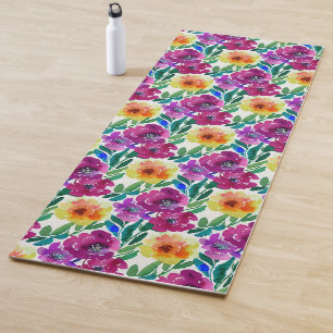 Tapis De Yoga Aquarelle Fleurs Maroon et Jaune