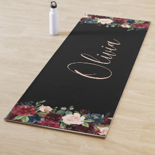 Tapis De Yoga Aquarelle Florale Bourgogne Nom élégant Moderne