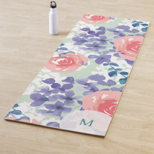 Tapis De Yoga Aquarelle Florale Doux Whimssique Avec Monogramme