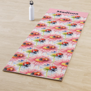 Tapis De Yoga Aquarelle Ladybugs sur Fleurs