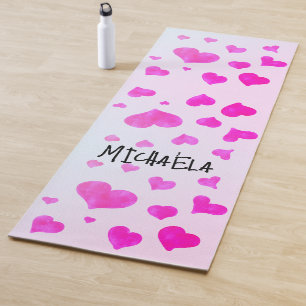 Tapis De Yoga Aquarelle magenta rose coeurs motif Votre nom