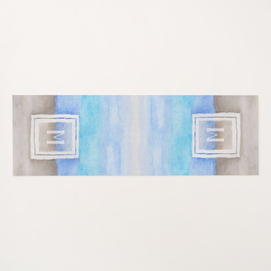 Tapis De Yoga Aquarelle Monogramme mer et sable bleu et bronze (Dos (Horizontal))