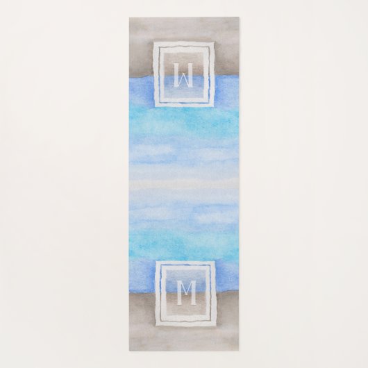 Tapis De Yoga Aquarelle Monogramme mer et sable bleu et bronze (Dos)