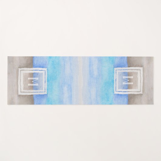 Tapis De Yoga Aquarelle Monogramme mer et sable bleu et bronze (Devant (Horizontal))