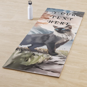 Tapis De Yoga Aquarelle Noir et Blanc Fluffin Chat dans la natur