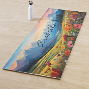 Tapis De Yoga Aquarelle Pavot Fleurs Terrain Montagnes