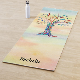 Tapis De Yoga Aquarelle personnalisée Arbre arc-en-ciel