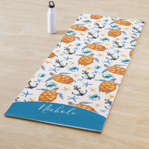 Tapis De Yoga Aquarelle Tortues de mer Crabes Ancres