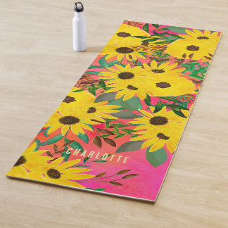 Tapis De Yoga Aquarelle Tournesol motif floral rose + nom