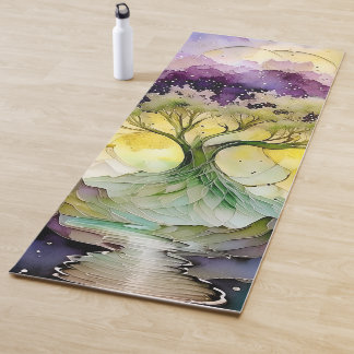 Tapis De Yoga Arbre et rivière de fantaisie violet vert jaune bl