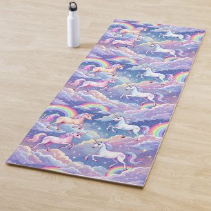 Tapis De Yoga Arc-en-ciel scintillant et licornes sur des nuages