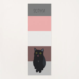 Tapis De Yoga Bandes colorées, dessin de chat noir et monogramme