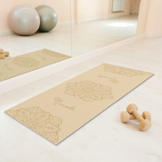 Tapis De Yoga Beige Beautiful Mandala With Custom Name