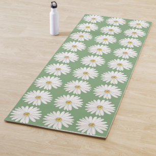 Tapis De Yoga Belles fleurs de marguerite sur fond vert olive