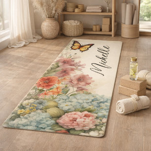 Tapis De Yoga Belles fleurs Vintages et papillon