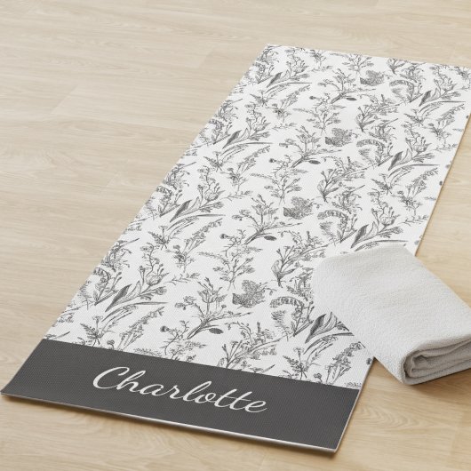 Tapis De Yoga Black White Toile Floral Pattern Custom Name