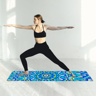 Tapis De Yoga Bleu 12 Pétales 12 Coeurs Circulaire Géométrique