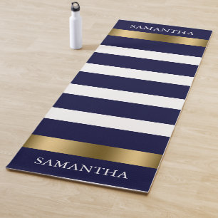 Tapis De Yoga Bleu et blanc rayures motif or accents