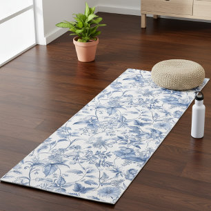 Tapis De Yoga Bleu Floral Toile Élégant Vintage