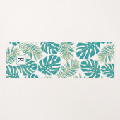Tapis De Yoga Bleu tropical, feuilles or et monogramme (Devant (Horizontal))