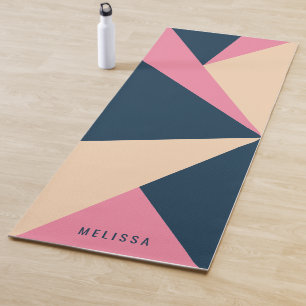 Tapis De Yoga Blocs de couleur triangle rose et beige et nom