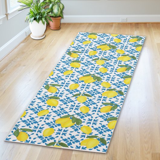Tapis De Yoga Blue French Country Tile Lemons Pattern
