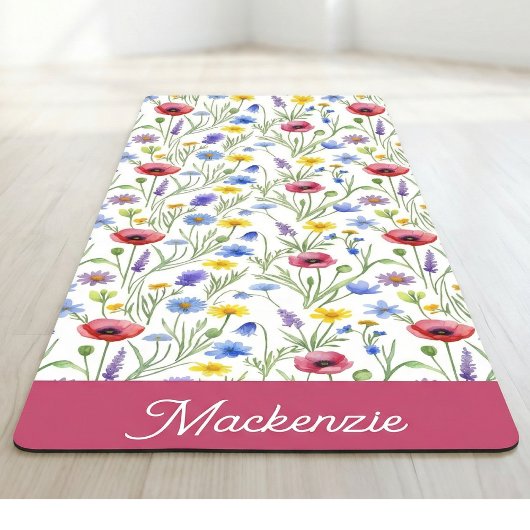 Tapis De Yoga Blue Pink Wildflower Botanical Custom Name 